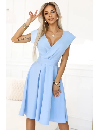 348-12 SCARLETT - Roztiahnuté midi šaty s obálkovým výstrihom a opaskom - MODRÁ 348-12 SCARLETT - Roztiahnuté midi šaty s obálkovým výstrihom a opaskom - MODRÁ