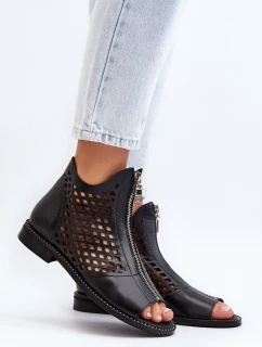 Zazoo 977/L Skórzane Ażurowe Sandały Na Zamek Czarne