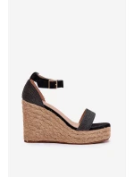 Sandały Damskie Na Koturnie Z Plecionką Czarne Adelio