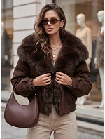 Krátka dámska bunda s odnímateľnou kožušinou, hnedá, FashionStreet TY5840 Krátka dámska bunda s odnímateľnou kožušinou, hnedá, FashionStreet TY5840