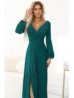 572-4 NELA trblietavé dlhé šaty s výstrihom, dlhými rukávmi a rozparkom na nohách - MASTOVO ZELENÁ