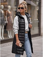 Dlhá dámska prešívaná vesta s kapucňou, čierna, FashionStreet TY5260 Dlhá dámska prešívaná vesta s kapucňou, čierna, FashionStreet TY5260