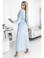 414-10 KLARA plisované šaty s opaskom a výstrihom - MODRÉ 414-10 KLARA plisované šaty s opaskom a výstrihom - MODRÉ