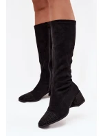 Kozaki Damskie Ze Zdobieniem Na Klocku Eko Zamszowe Czarne Ivanna