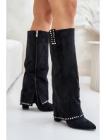 Kozaki Damskie Z Wywiniętą Cholewką Na Słupku Czarne Kaithena