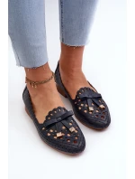 Ażurowe Baleriny Damskie Z Kokardką Granatowe Nestavia