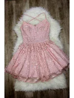 Spoločenské dámske šaty na ramienka krajkové s kolovou sukňou ružové - Ružová / L - Sherri