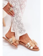 Klapki Damskie Na Płaskim Obcasie Z Tiulową Kokardą Złote Tanira