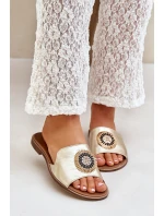 Skórzane Klapki Z Ozdobą Na Płaskim Obcasie Zazoo 3047/O Złote