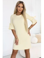 217-12 NEVA Dámske trapézové šaty so zaväzovaním na rukávoch - pastelovo žlté