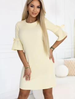 217-12 NEVA Dámske trapézové šaty so zaväzovaním na rukávoch - pastelovo žlté