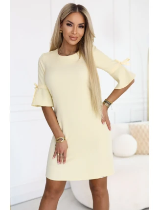 217-12 NEVA Dámske trapézové šaty so zaväzovaním na rukávoch - pastelovo žlté