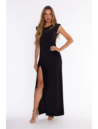 M928 - Maxi dress with ruching and high slit - black