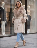 Dámsky kabát s odnímateľným kožušinovým golierom, béžový, FashionStreet TY6068 Dámsky kabát s odnímateľným kožušinovým golierom, béžový, FashionStreet TY6068