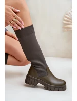 Kozaki Z Elastyczną Cholewką Na Płaskim Obcasie Ciemnozielone Mesidra