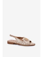 Skórzane Sandały Z Ozdobą Na Płaskim Obcasie S.Barski KV51-096 Złote