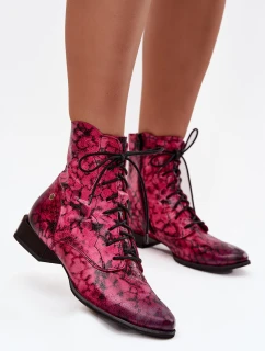 Skórzane Wzorzyste Botki Na Płaskim Obcasie Maciejka 06391-23 Różowe