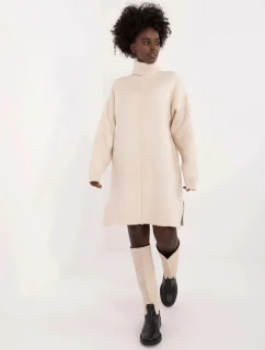 Svetlo béžové látkové šaty s rolákom (0547)