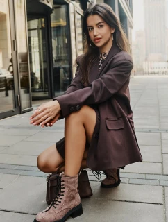 Zdobione Botki Workery Damskie Ocieplane D&A MR880-017 Taupe