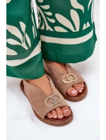 Sandały Damskie Z Ozdobą Na Płaskim Obcasie Eko Zamszowe Ciemnobeżowe Ralisses