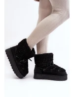 Wiązane Śniegowce Damskie Na Grubej Podeszwie Czarne Loso