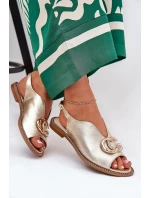 Skórzane Sandały Na Płaskim Obcasie Z Ozdobą Laura Messi 2865 Złote