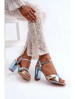 Eko Skórzane Sandały Na Obcasie Słupku Niebiesko-Złote Abilica