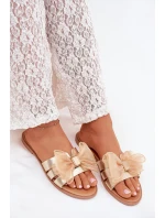 Klapki Damskie Na Płaskim Obcasie Z Tiulową Kokardą Złote Tanira