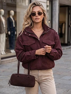 Dámska semišová bunda typu bomber v bordovej farbe od FashionStreet TY5915