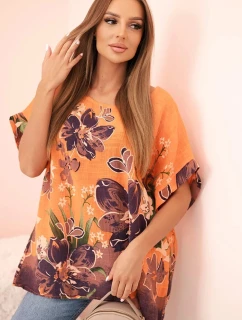 Dámska bavlnená blúzka s kvetinovou potlačou a krátkymi rukávmi oranžová