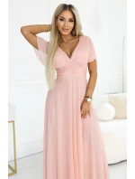 635-7 MELANIA Dlhé trblietavé svadobné šaty s krátkymi rukávmi a výstrihom - broskyňové 635-7 MELANIA Dlhé trblietavé svadobné šaty s krátkymi rukávmi a výstrihom - broskyňové