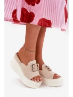 Klapki Na Platformie I Koturnie Z Ozdobą Beżowe Tanonea