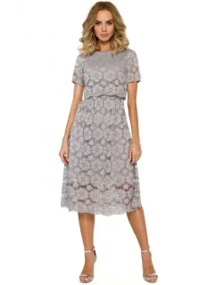 M405 Čipkové midi šaty s výstrihom - šedé