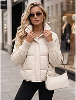 Dámska prešívaná péřová bunda s pletenými rukávmi, krémová, FashionStreet TY5929 Dámska prešívaná péřová bunda s pletenými rukávmi, krémová, FashionStreet TY5929