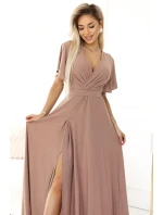 581-4 JENNIFER trblietavé dlhé šaty s rukávmi a výstrihom - MOCHA MOUSSE WITH BROKER