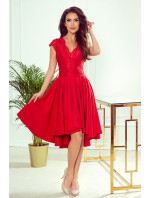 PATRICIA - Červené dámske šaty s dlhším zadným dielom a čipkovým výstrihom 300-2
