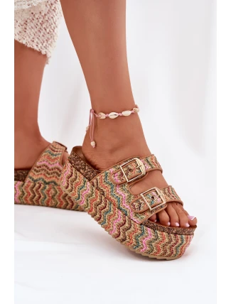 Klapki Damskie Na Masywnej Platformie Z Plecionką I Klamrami Multikolor Eradriana