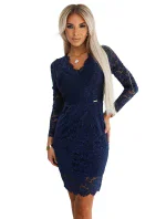 170-15 Čipkované šaty s dlhými rukávmi a výstrihom - tmavomodré
