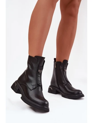 Botki Damskie Z Naturalnej Skóry Na Niskim Obcasie Czarne Karisse