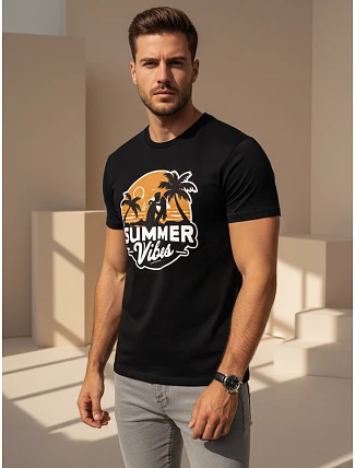 Pánske bavlnené tričko s potlačou Summer Vibes čierne FashionStreet NX044R Pánske bavlnené tričko s potlačou Summer Vibes čierne FashionStreet NX044R