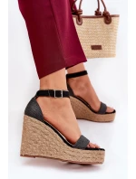 Sandały Damskie Na Koturnie Z Plecionką Czarne Adelio