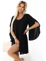 597-1 LIVIA Elegantné trapézové šaty s motýlími rukávmi - čierne s brokátom