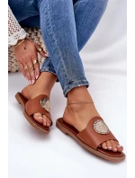 Eko Skórzane Klapki Na Płaskim Obcasie Z Ozdoba Camel Tatereia