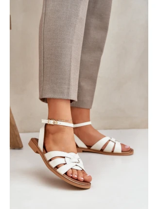 Skórzane Sandały Damskie Na Płaskim Obcasie Zazoo 3688 Ecru