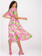 Ružovo-zelené plisované šaty v jednej veľkosti s kvetinovou potlačou