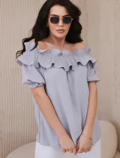 Španielska blúzka s ozdobným volánom sivá