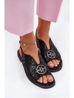 Skórzane Sandały Na Płaskim Obcasie Z Ozdobą S.Barski KV51-094 Czarne