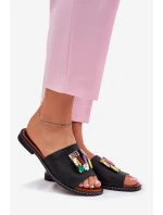 Klapki Damskie Na Płaskim Obcasie Z Ozdobą Czarne Clelione