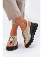 Skórzane Sandały Damskie Na Koturnie Z Ozdobą Artiker 56C0109 Złote