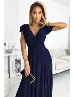 411-3 CRYSTAL dlhé trblietavé šaty s výstrihom - ZELENÉ